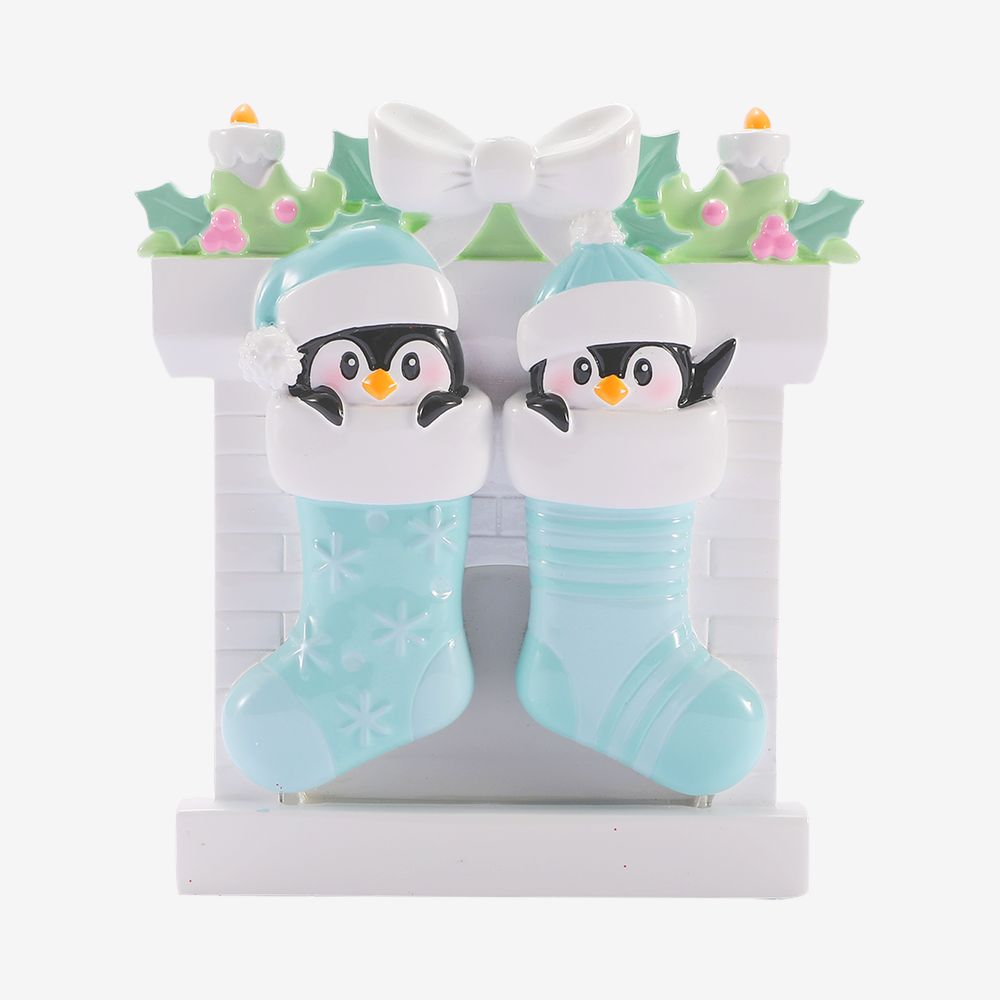 Twin Penguins in Stockings (Blue & Blue) Personalised Christmas Decoration