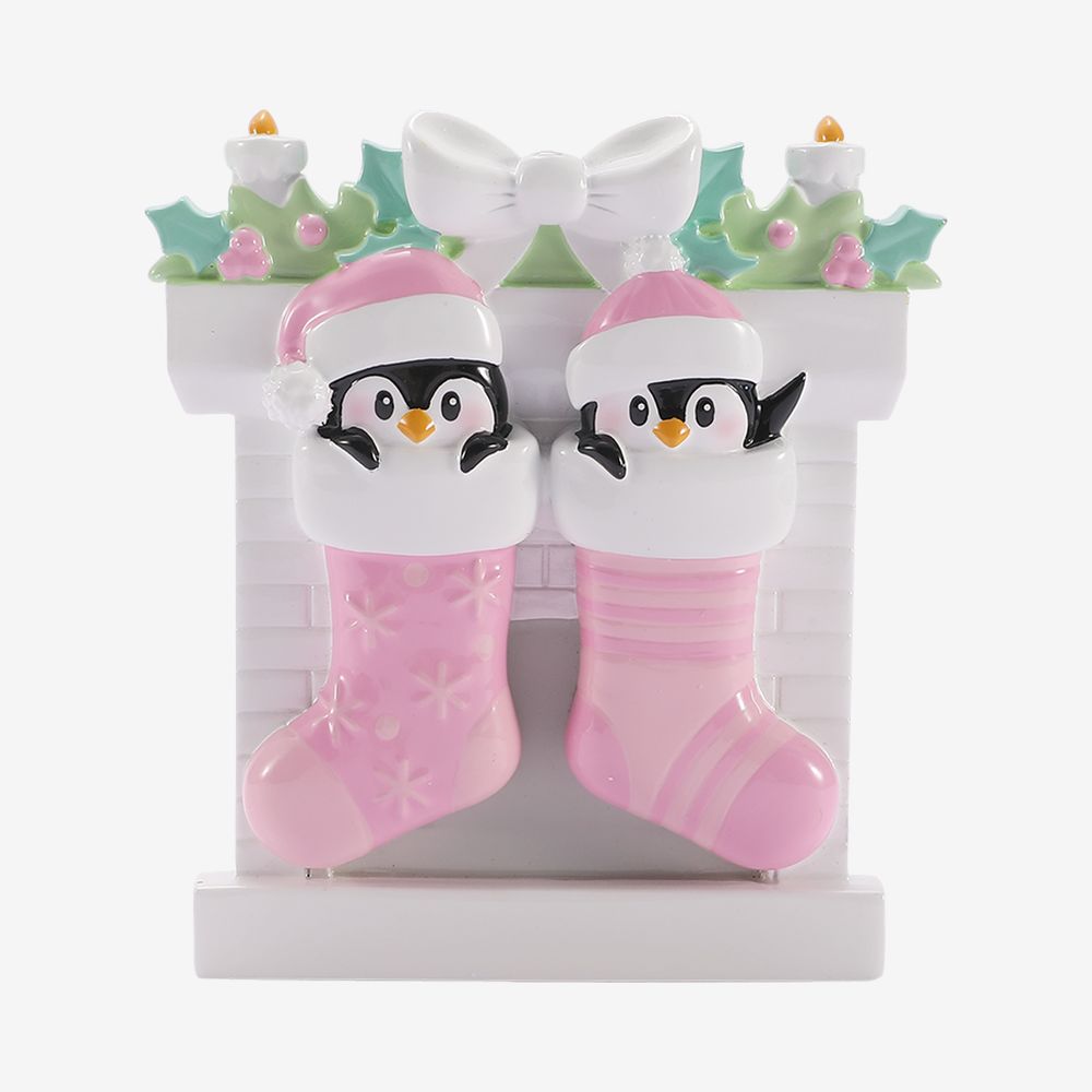 Twin Penguins in Stockings (Pink & Pink) Personalised Christmas Decoration