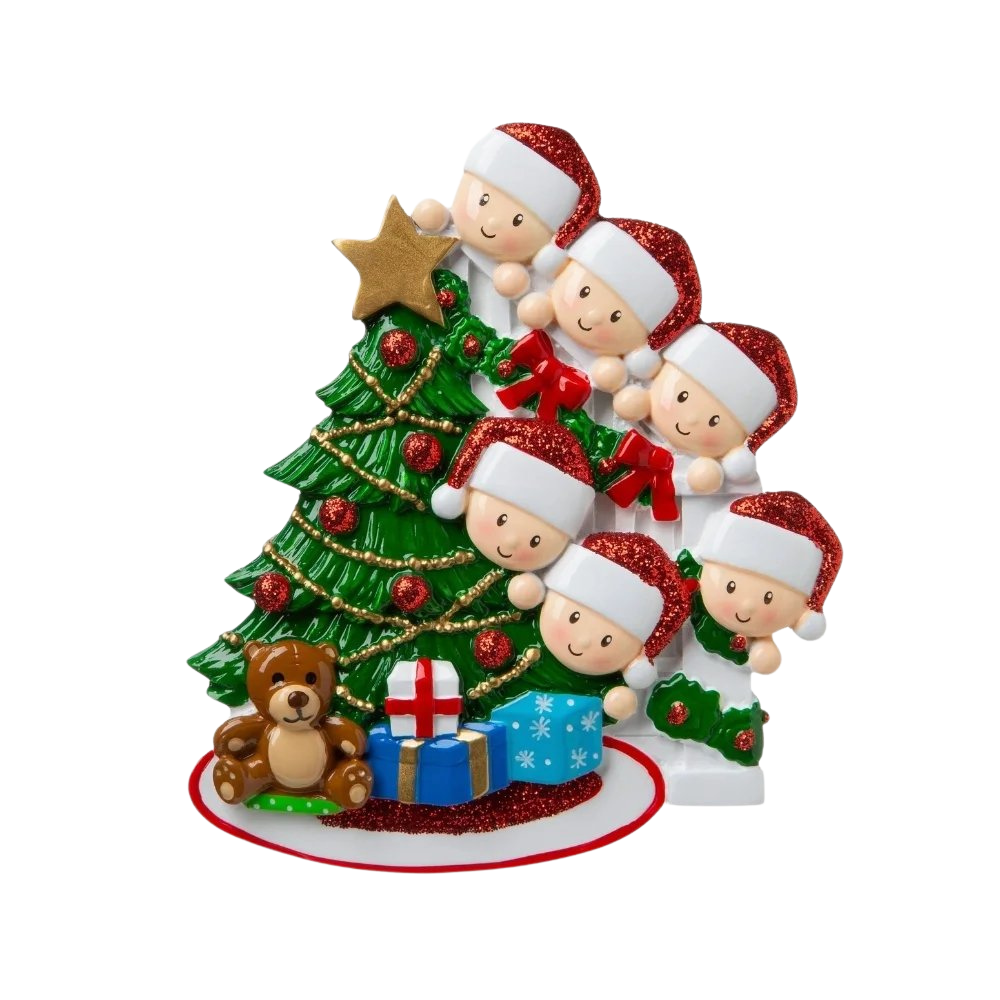 Family Peeking over the Bannisters for a family of 6 Personalised Christmas Decoration