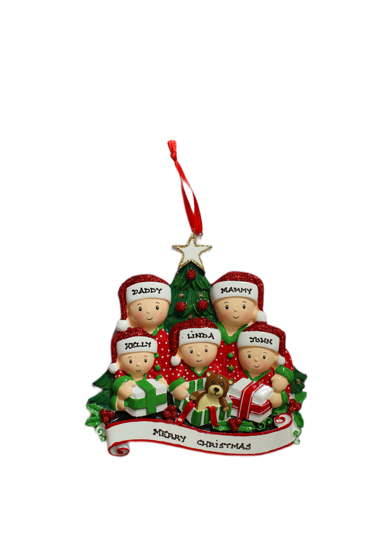 Opening Presents (family of 5) Personalised Christmas Ornament