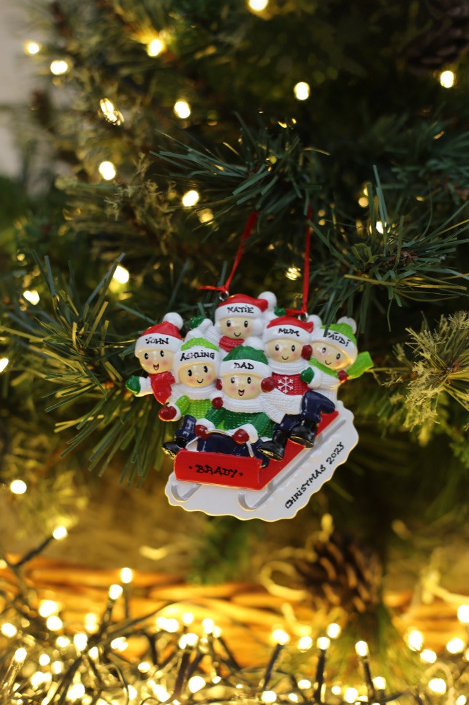 People Sled Family x 6 - Personalised Christmas Decoration hanging on a Christmas tree