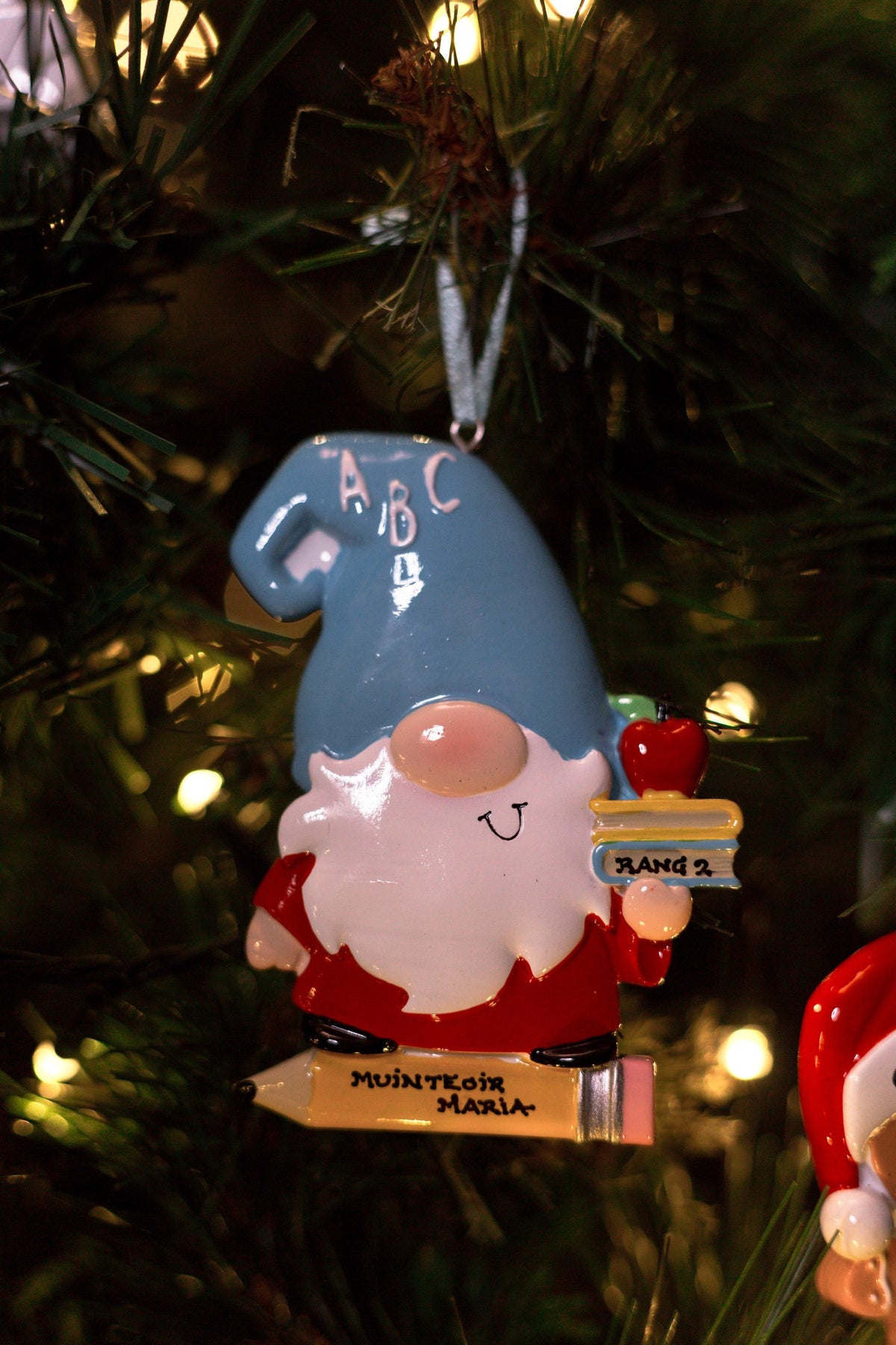 Teacher Gnome Personalised Christmas Decoration hanging on a Christmas tree