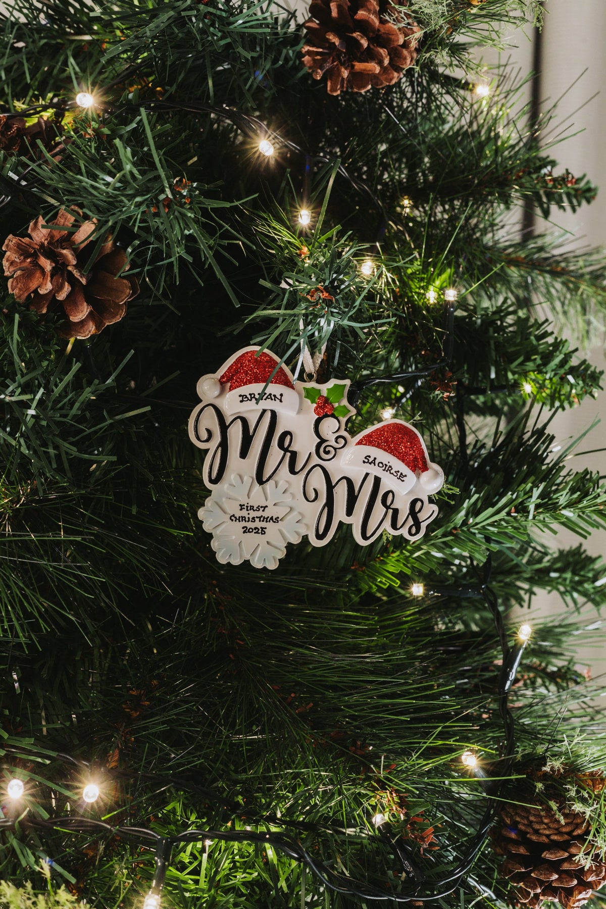 Mr & Mrs with Christmas Hat hanging on a Christmas tree