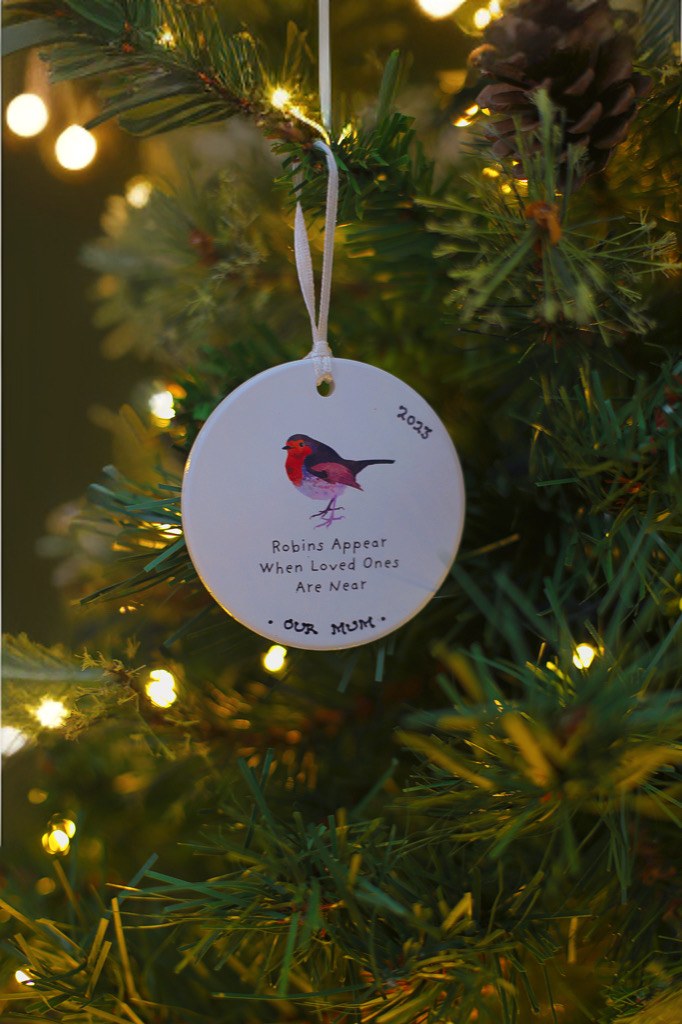 Robins Appear When Loved Ones are Near - Round Personalised Memento hanging on a Christmas tree