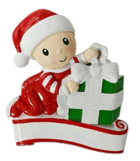 Baby Opening a Present Red and Green Personalised Christmas Decoration