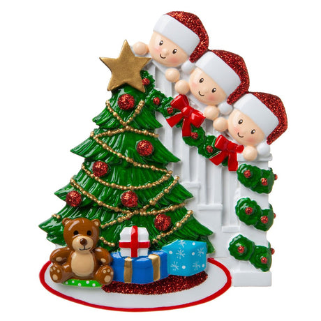Family Peeking over the Bannisters for a family of 3 Personalised Christmas Decoration