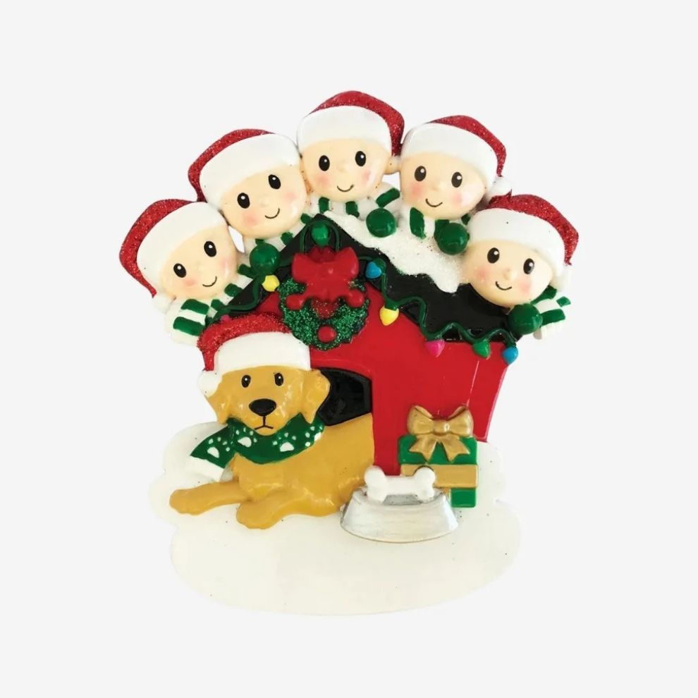 Family of 5 With their Dog Personalised Christmas Decoration