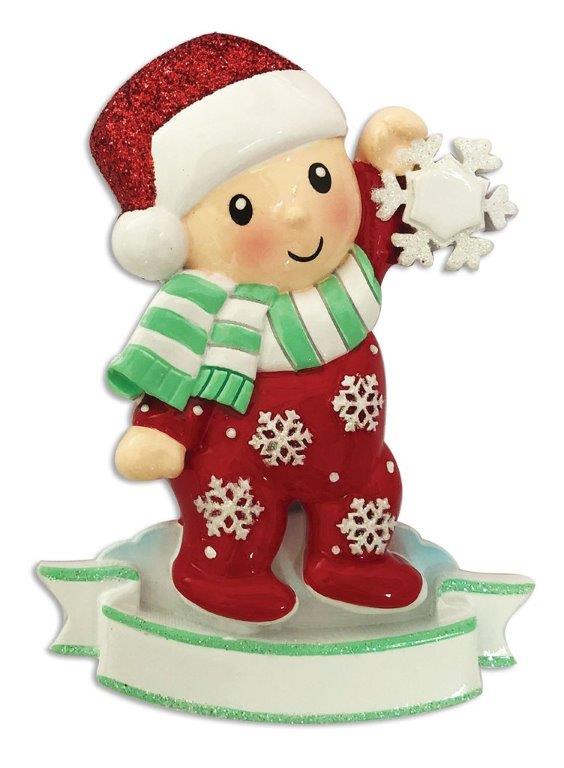 Baby in Red Pajamas Holding Snowflake - Vibrant Red & Green Colours