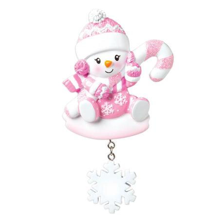 Snowbaby with Candy Cane (Pink) Personalised Christmas Decoration