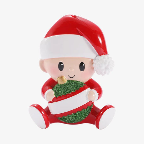 Baby Holding a Christmas Ornament (Red & Green) Personalised Christmas Decoration