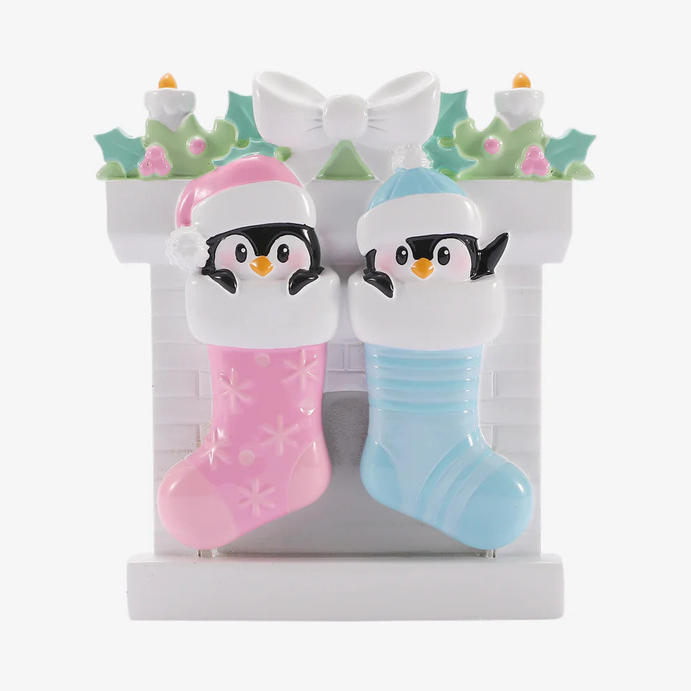 Twin Penguins in Stockings (Pink & Blue) Personalised Christmas Decoration