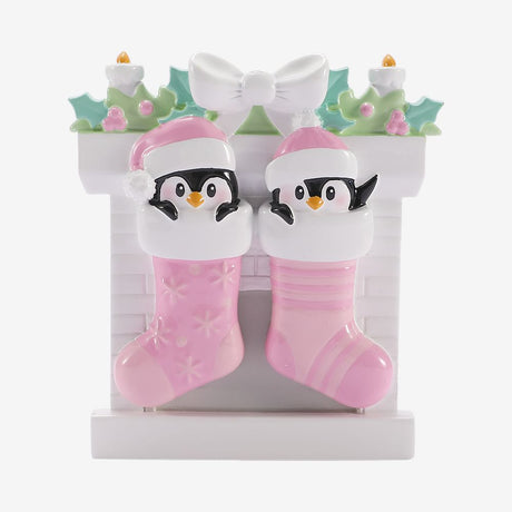 Twin Penguins in Stockings (Pink & Pink) Personalised Christmas Decoration