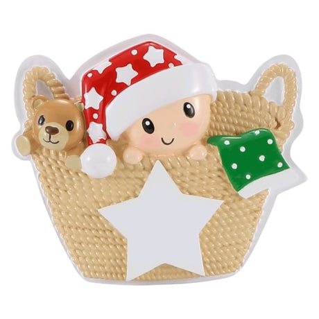 Baby in Basket Red and Green Personalised Christmas Decoration