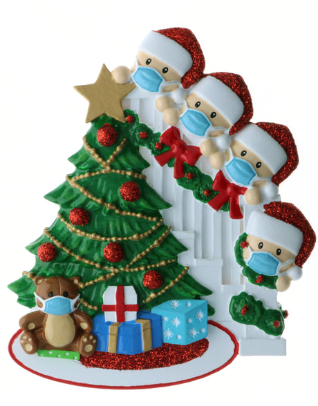 Masked Family Peeking over the bannisters for a family of 4 Personalised Christmas Decoration