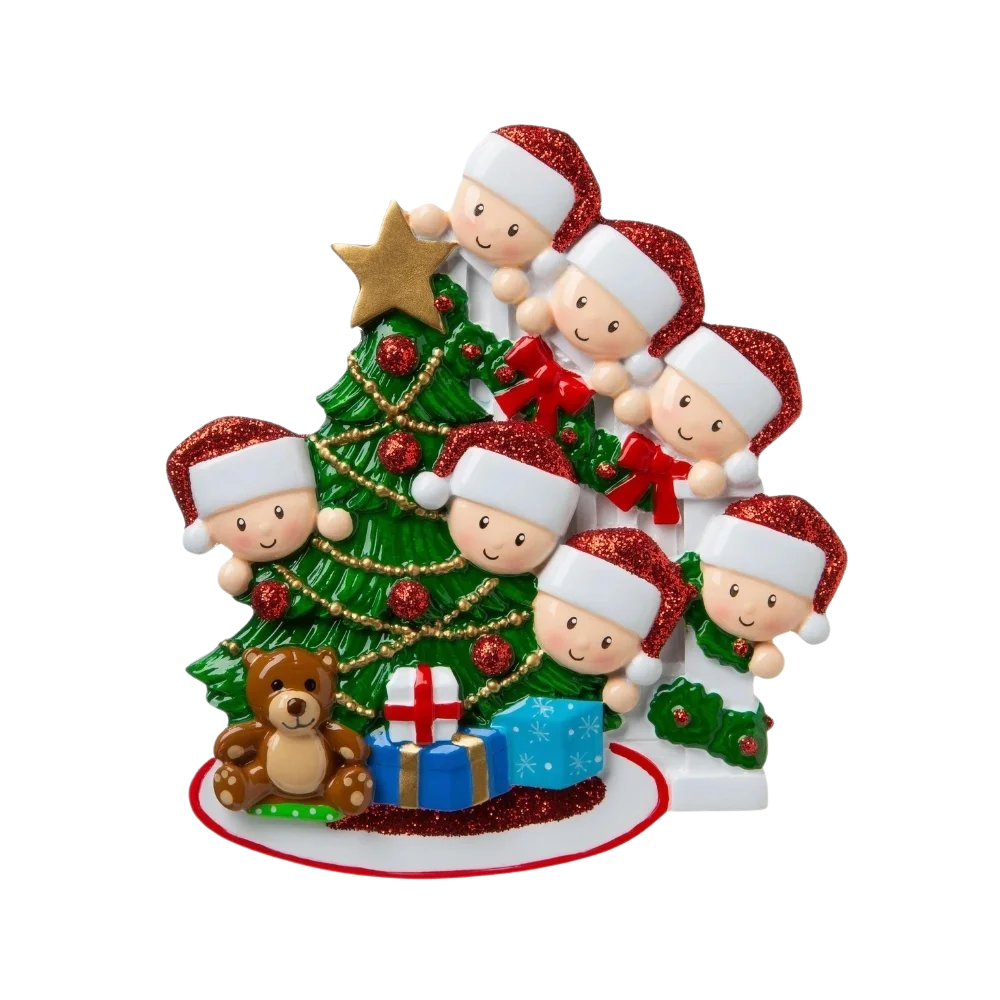 Family Peeking over the Bannisters for a family of 7 Personalised Christmas Decoration