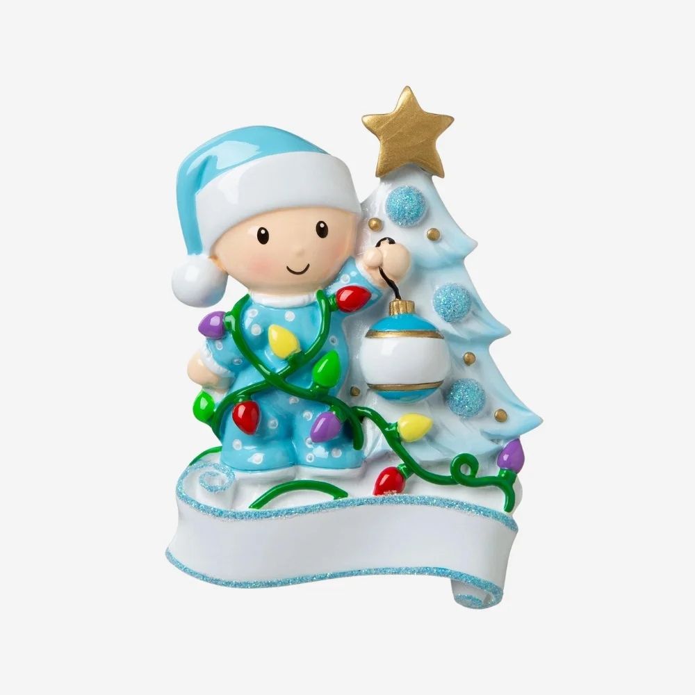 Baby Decorating The Christmas Tree (Blue) Personalised Christmas Ornament