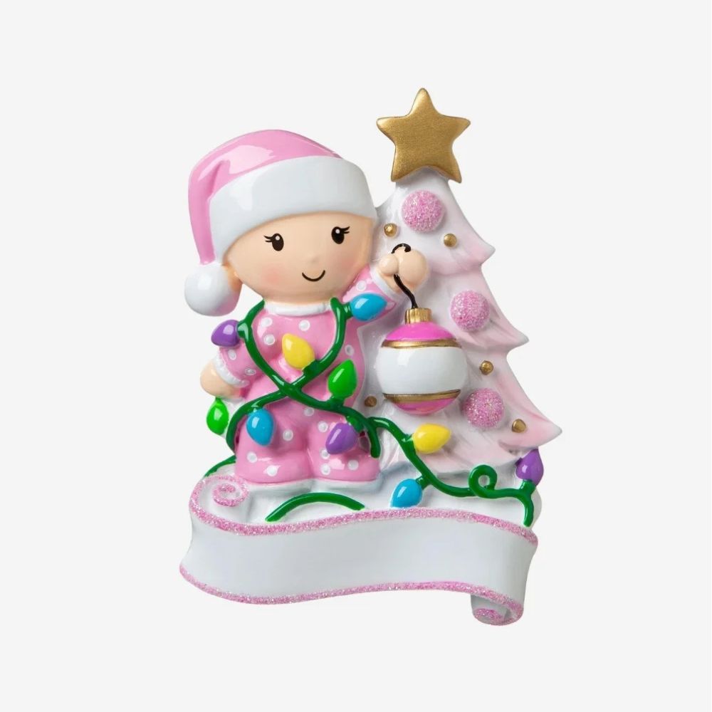 Baby Decorating The Christmas Tree (Pink) Personalised Christmas Ornament