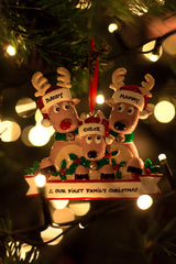 New Reindeer Family of 3 Personalised Christmas Decoration hanging on a Christmas tree