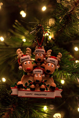 New Reindeer Family of 4 Personalised Christmas Decoration hanging on a Christmas tree