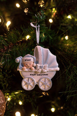 New Baby Carriage - Blue Personalised Christmas Decoration hanging on a Christmas tree