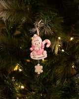 Snowbaby with Candy Cane (Pink) Personalised Christmas Decoration hanging on a Christmas tree