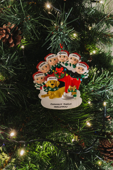 Family of 6 with their Dog Personalised Christmas Decoration hanging on a Christmas tree
