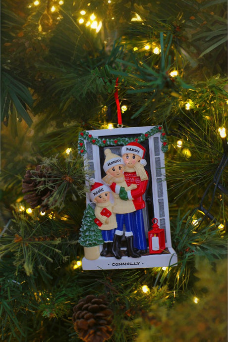 Farmhouse Family - Family of 3 - Personalised Christmas Decoration hanging on a Christmas tree