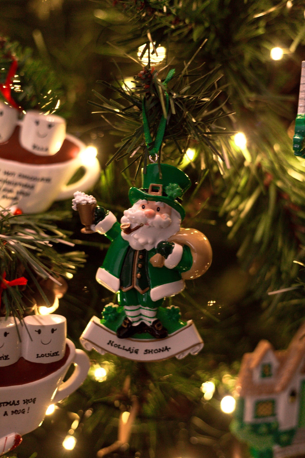 Irish Santa Leprechaun Personalised Christmas Decoration hanging on a Christmas tree