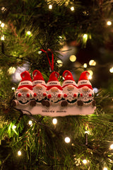 Gnome Family of 5 Personalised Christmas Decoration hanging on a Christmas tree