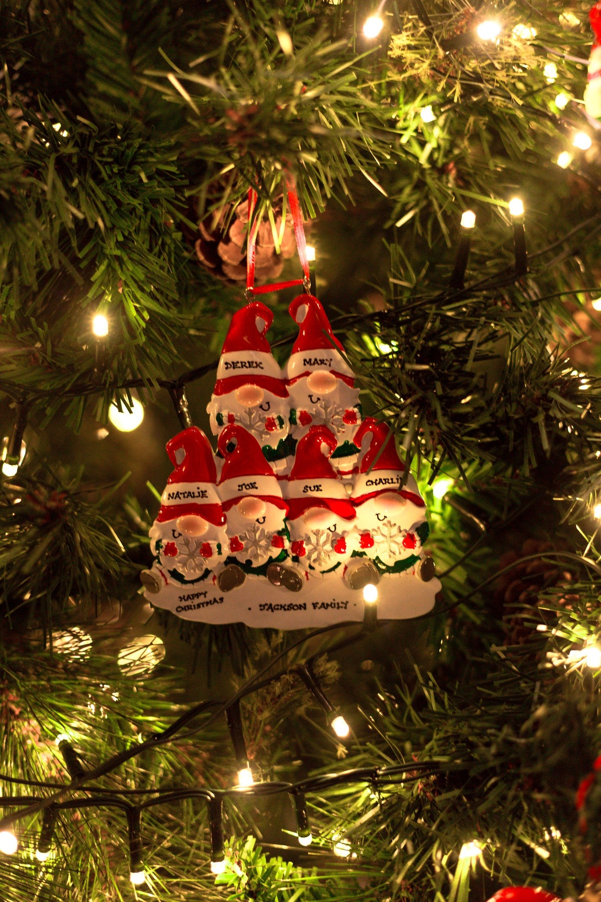 Gnome Family of 6 Personalised Christmas Decoration hanging on a Christmas tree