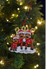 Mr & Mrs Reindeer Family of 3 Trim The Tree Personalised Christmas Decoration hanging on a Christmas tree
