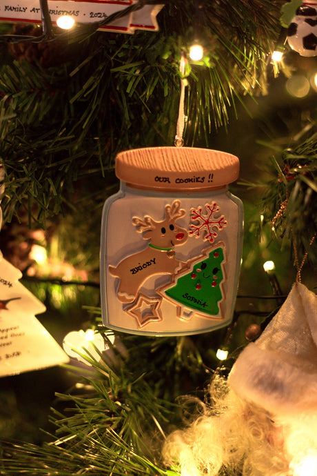 Cookie Jar Family of 2 Personalised Christmas Decoration hanging on a Christmas tree
