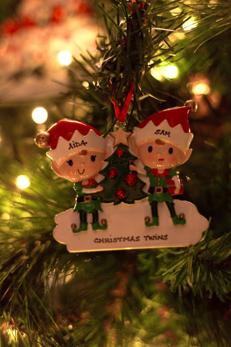 Elves Family doing stuff for 2 Personalised Christmas Decoration hanging on a Christmas tree