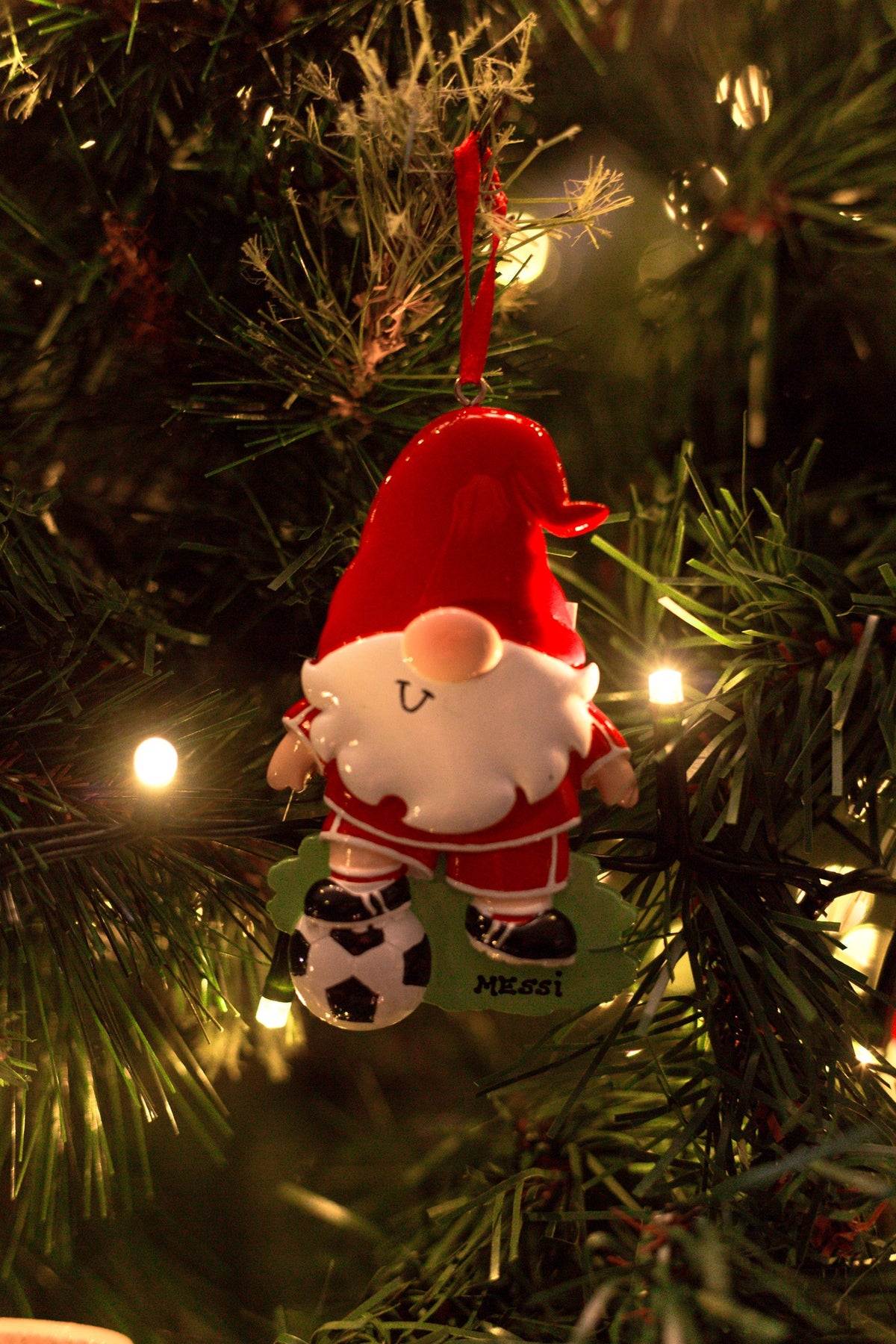 Soccer / Football Player Gnome Personalised Christmas Decoration hanging on a Christmas tree