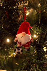 Soccer / Football Player Gnome Personalised Christmas Decoration hanging on a Christmas tree