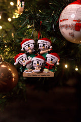 Penguin Baking  Family of 5 Personalised Christmas Decoration hanging on a Christmas tree