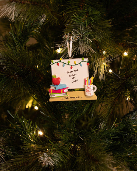 Teacher White Board Personalised Christmas Decoration hanging on a Christmas tree