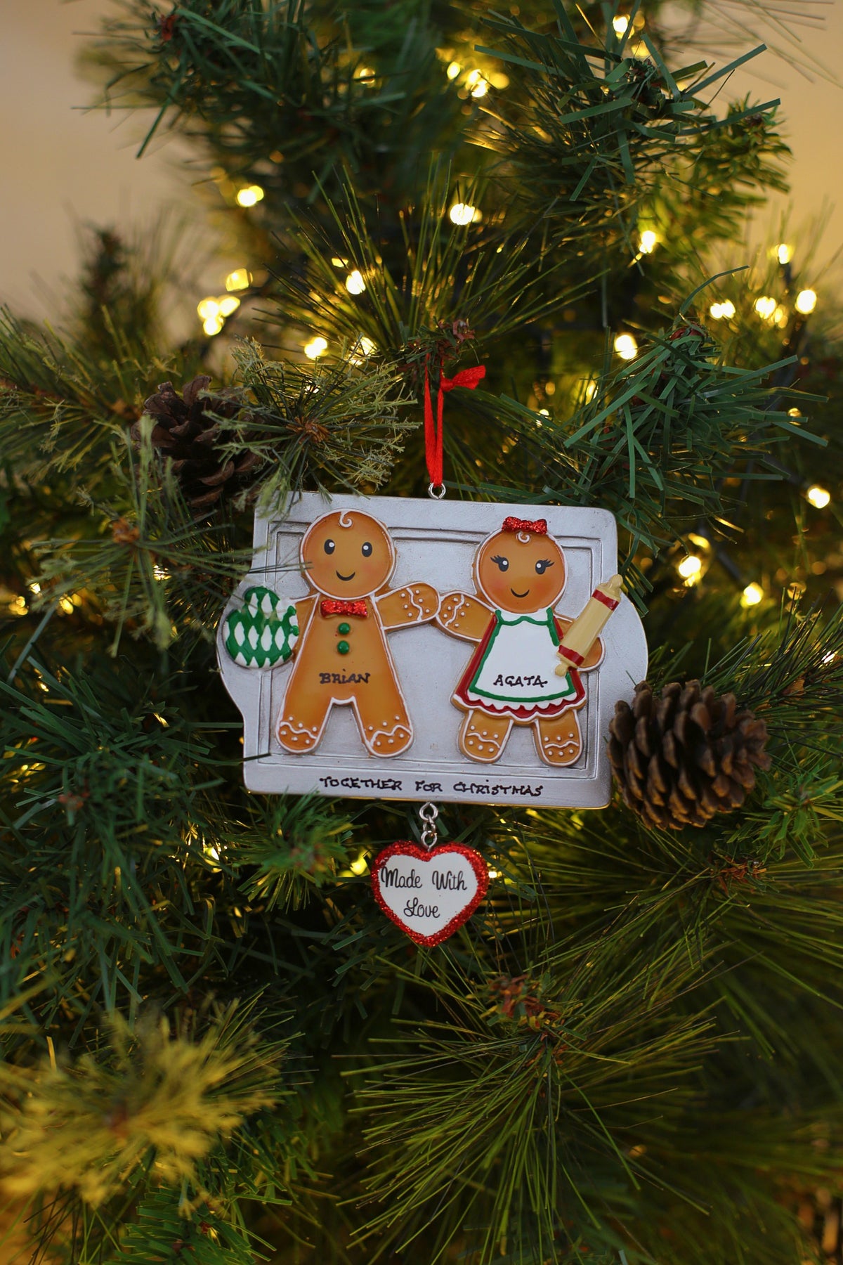 Made With Love Family Of 2 Personalised Christmas Decoration hanging on a Christmas tree