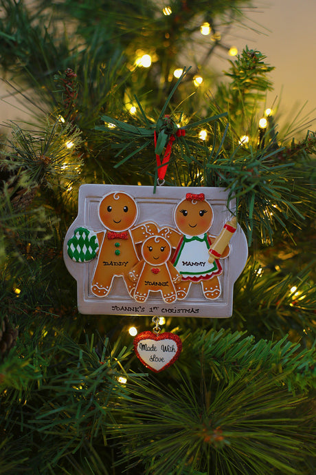 Made With Love Family Of 3 Personalised Christmas Decoration hanging on a Christmas tree