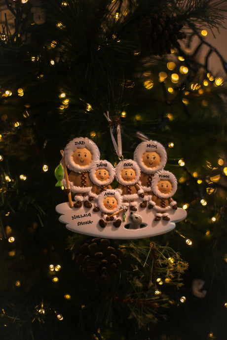 Eskimo Family of 6 Personalised Christmas Ornament hanging on a Christmas tree