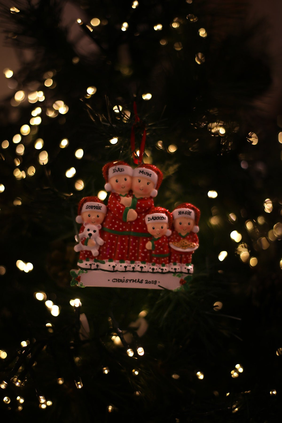Pajama Family of 5 Personalised Christmas Decoration Ornament hanging on a Christmas tree