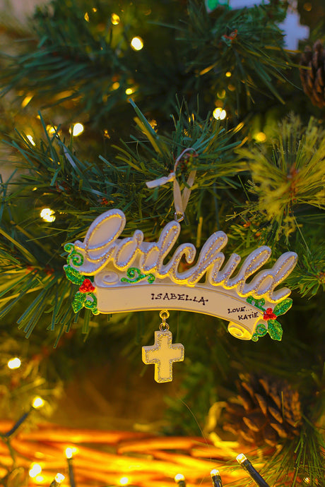 Godchild Personalised Christmas Decoration hanging on a Christmas tree