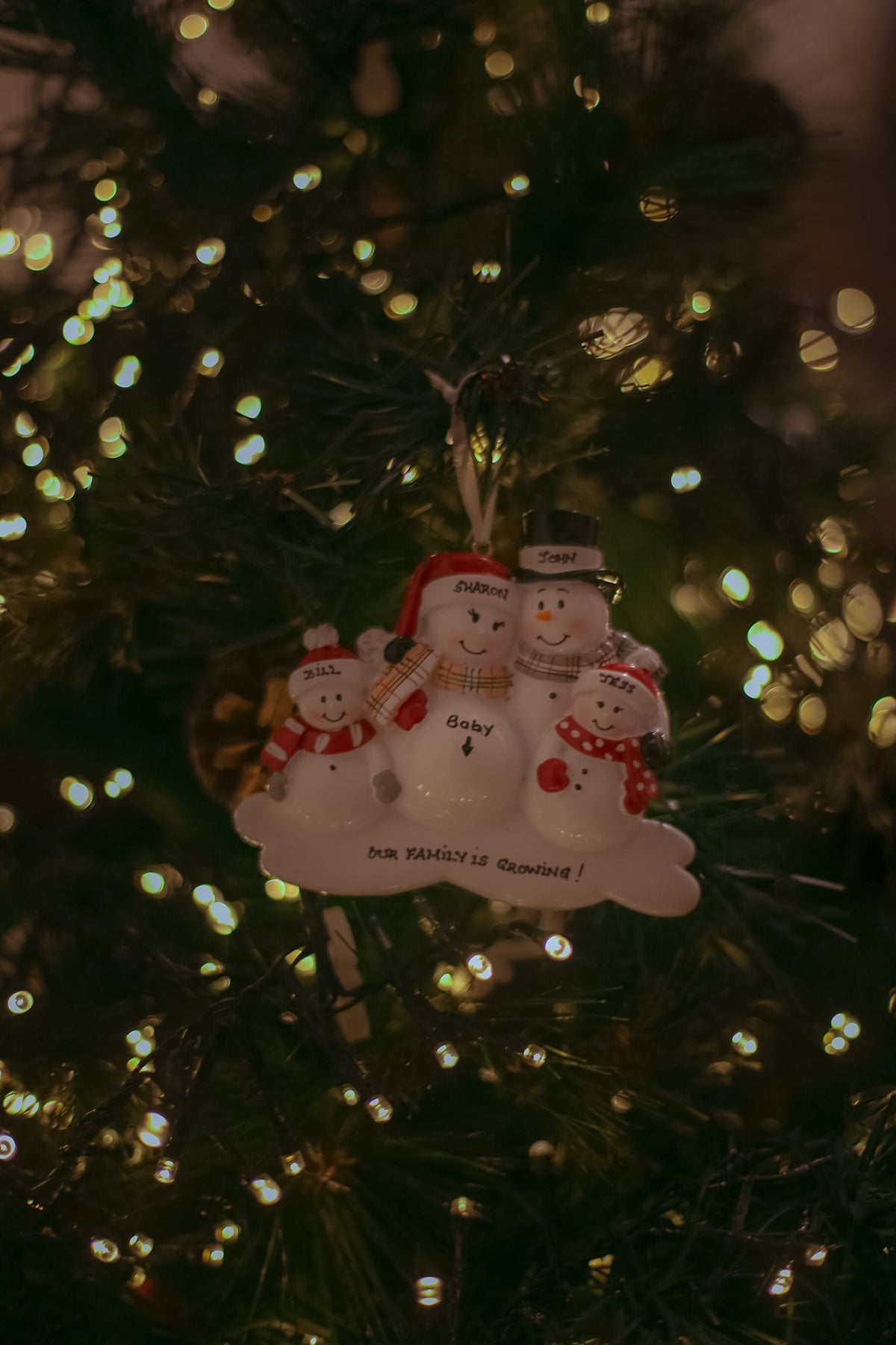 We Are Expecting with two children Personalised Christmas Decoration hanging on a Christmas tree